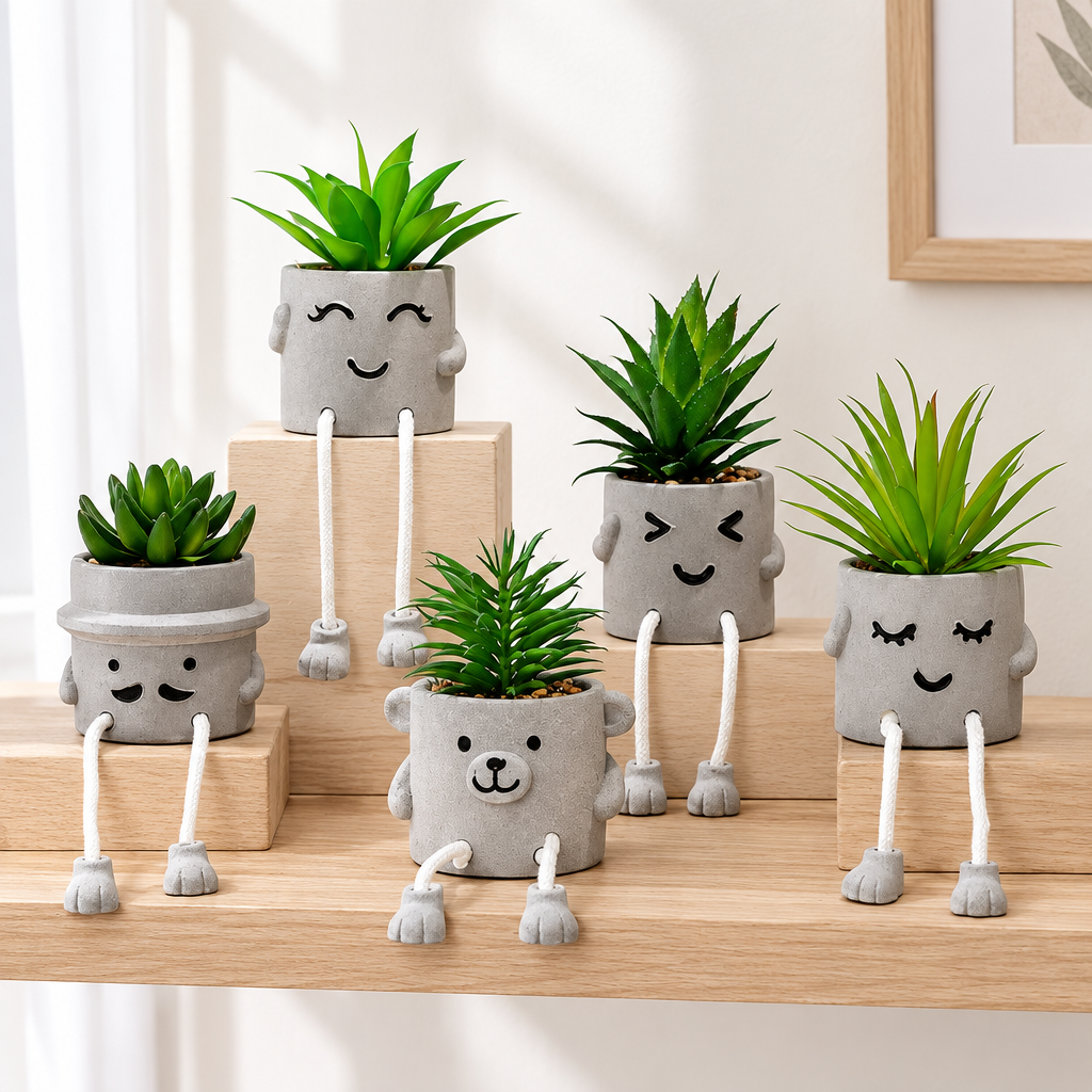 Lifestyle illustration of five faux succulent character planters together on a wooden shelf