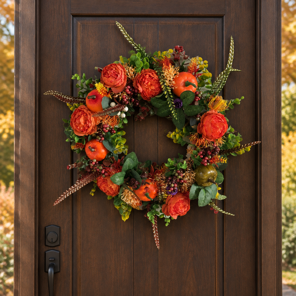 Lifestyle illustration of the pumpkin and peony fall wreath hanging on a wood door
