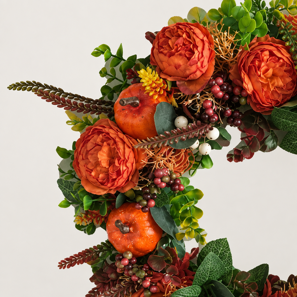 Close-up illustration of orange flowers, pumpkins and berries on the fall wreath