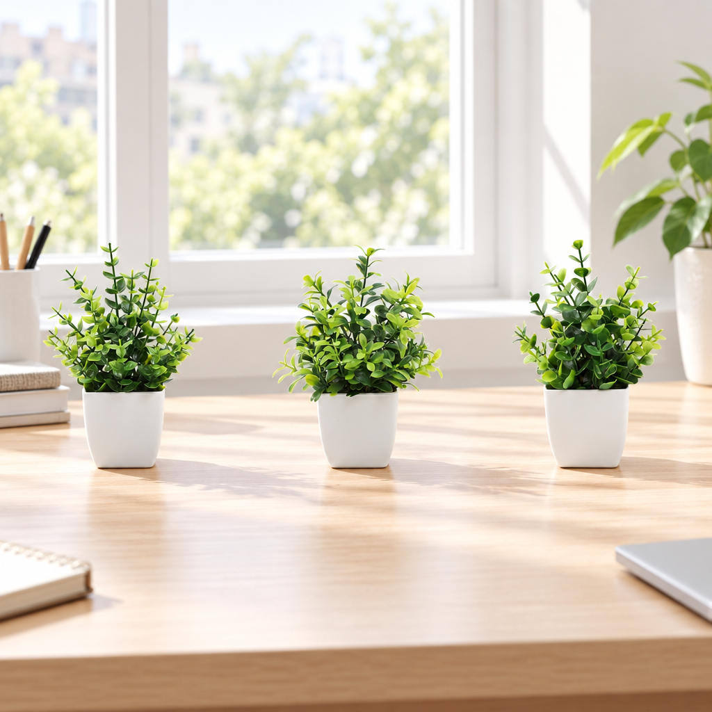 Lifestyle illustration of three compact faux green plants in white pots on a wooden desk