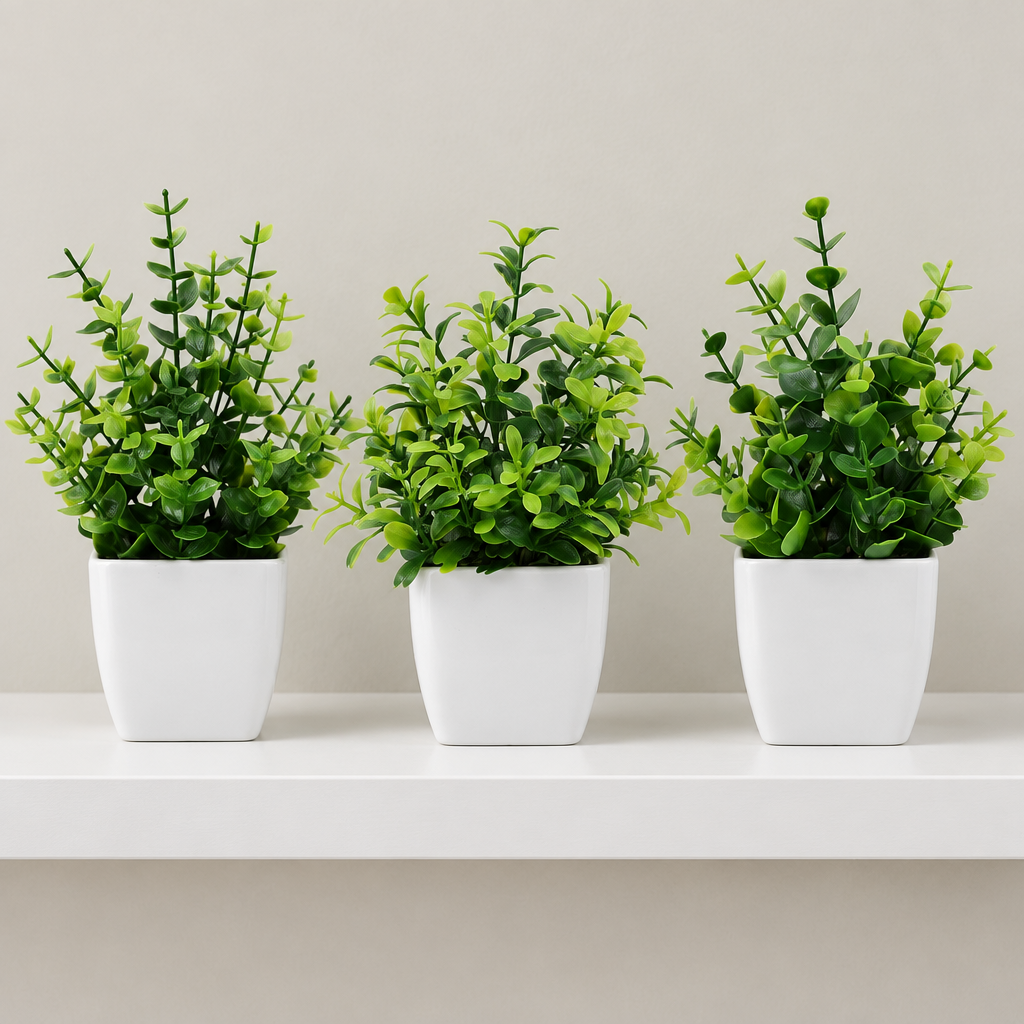 Closer illustration of the same set of three faux green desk plants in white pots