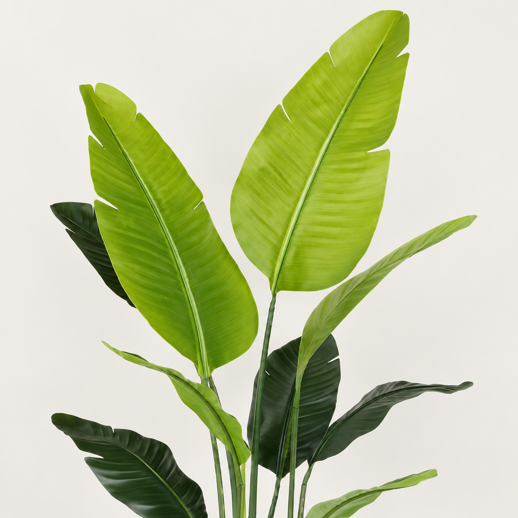 Close-up illustration of the faux bird of paradise tree leaves