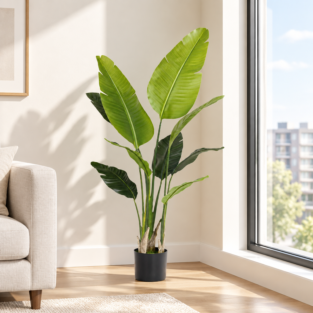 Lifestyle illustration of a single faux bird of paradise tree in a black base pot by a window