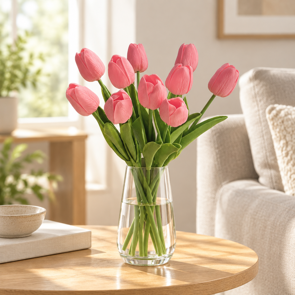 Lifestyle illustration of a pink ten-stem faux tulip bouquet in a glass vase on a living room table