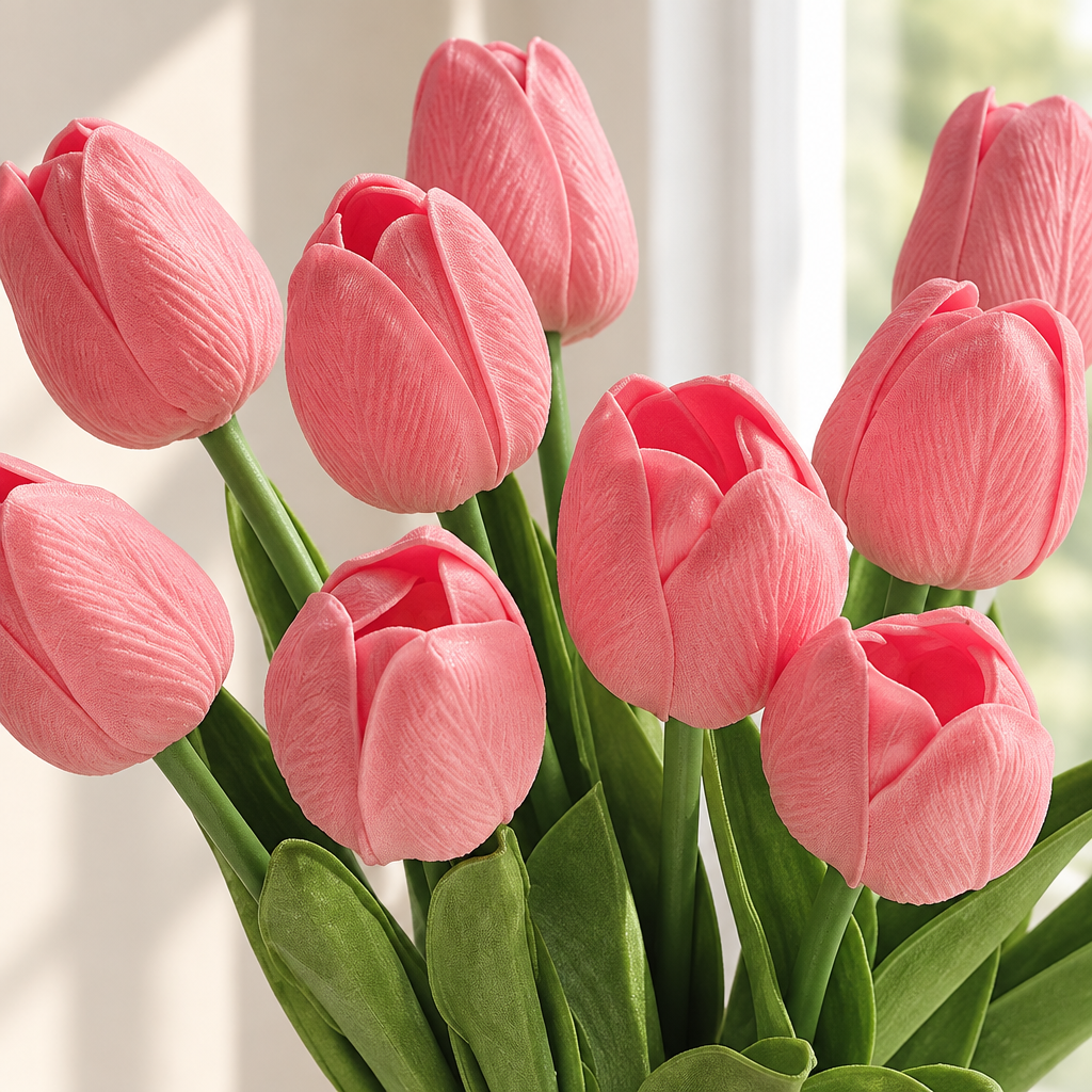 Close-up lifestyle illustration of the pink faux tulip petals and green leaves