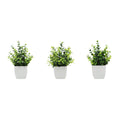 Three compact faux green plants in matte white pots on a white background